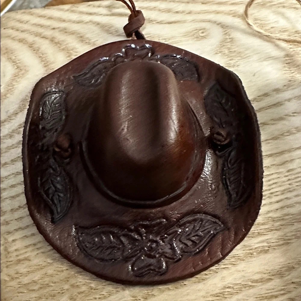 Western Brown‎ Tooled Leather Cowboy Hat & Saddle Christmas Ornaments Set Of 2